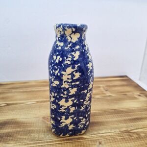 Alpine Pottery Roseville Ohio 1997 Milk Bottle Vase Blue Spongeware 6.5"